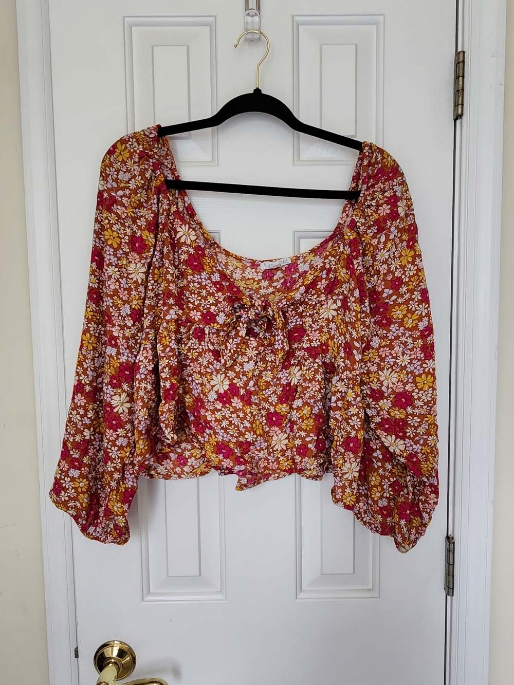 Patrons of Peace Red Multi Floral Tie-Front Peasant Blouse